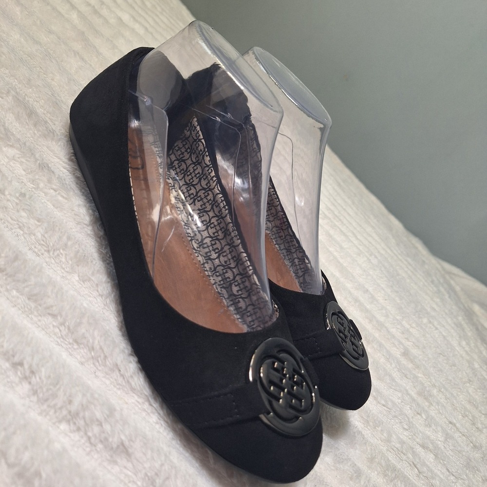 Daisy Fuentes Vegan Suede Ruby Logo Ballet Flats Shoes  Women 7M Black Slip On